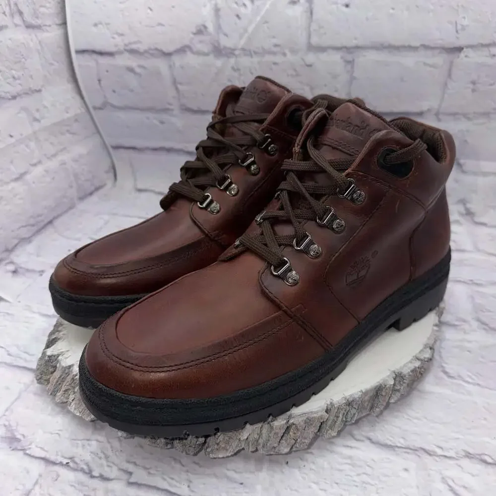 Vintage Mens Timberland All Leather Lug Boots Mahogany Brown Lace Up Size 13
